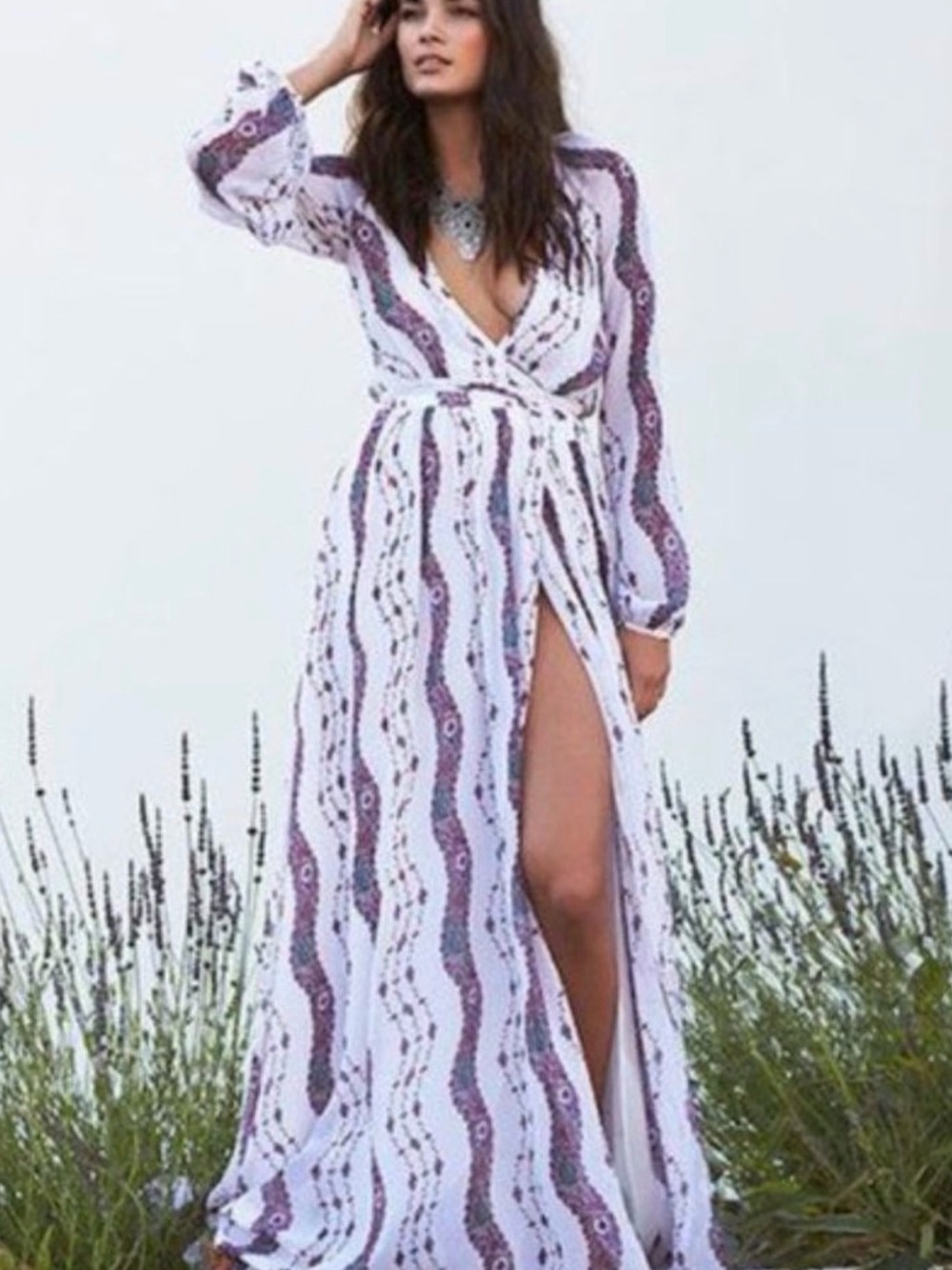 BRAND NEW Marchesa Voyage White and Purple Patterned Maxi Wrap Dress